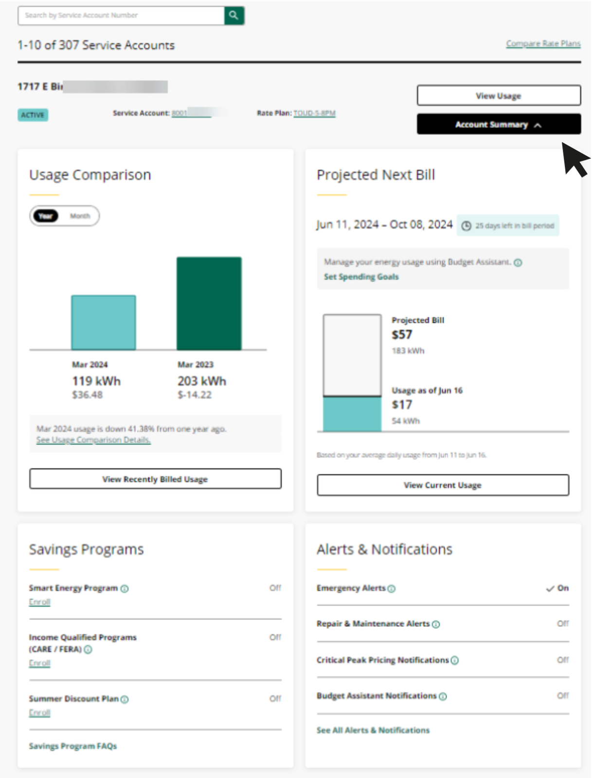 screenshot of Account Summary button above projected next bill 