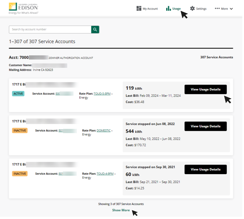 screenshot of the View Usage Details button and the Show More link